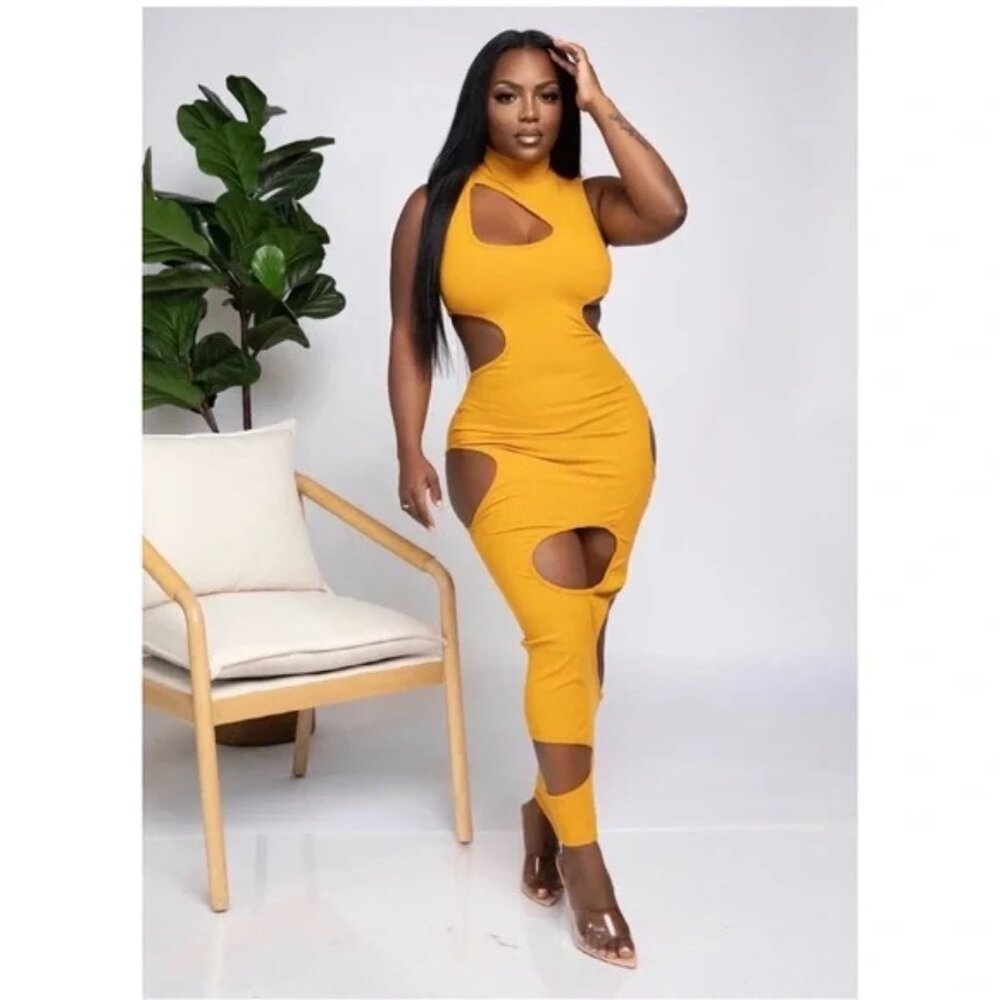 Women's Mustard Cutout Maxi Dress - Sleek Bodycon Style